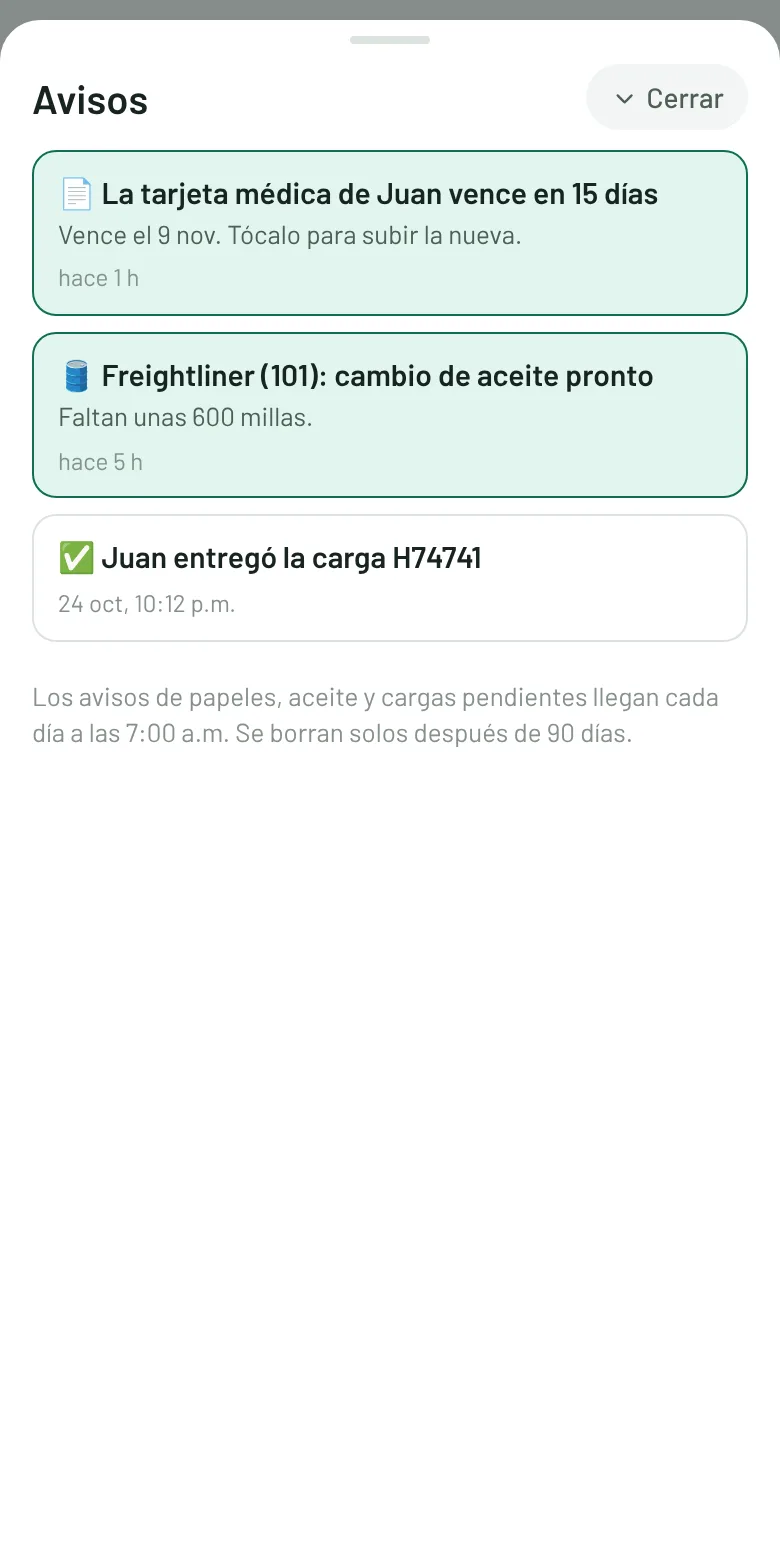 Lista de avisos: tarjeta médica por vencer y cambio de aceite