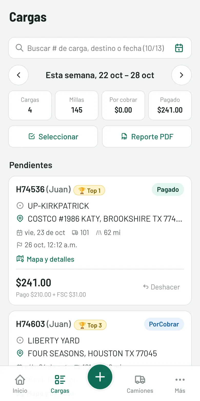 Lista de cargas de la semana con totales