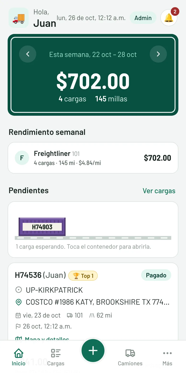 Pantalla de inicio de LogiTrack Pro con el total de la semana, cargas y millas
